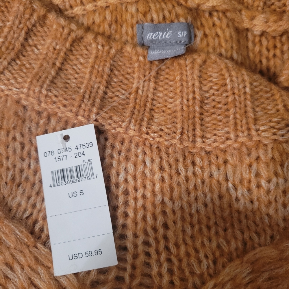 NWT Tan/Brown Aerie Cable Knit Oversized Wool Blend Sweater, Size Small - Picture 2 of 6